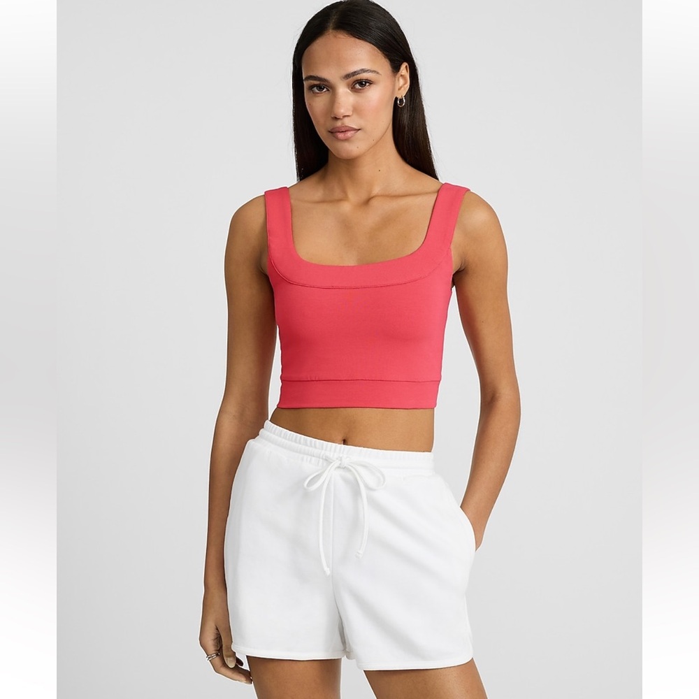 Express Body Contour Stretch Cotton Square Neck Cropped Tank Hot Coral Large